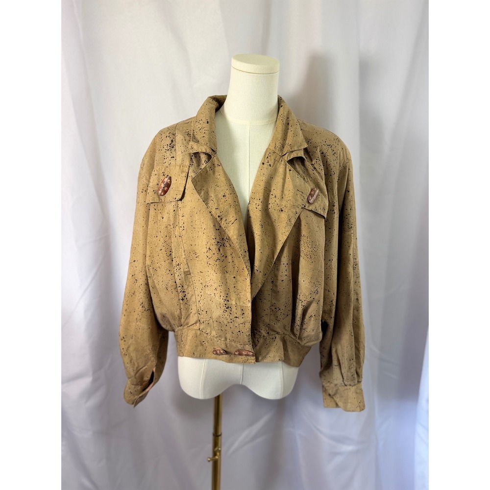 Vera Cristina Vintage 100 Silk Splatter Print Cropped Bomber Jacket Tan Large - Picture 1 of 11